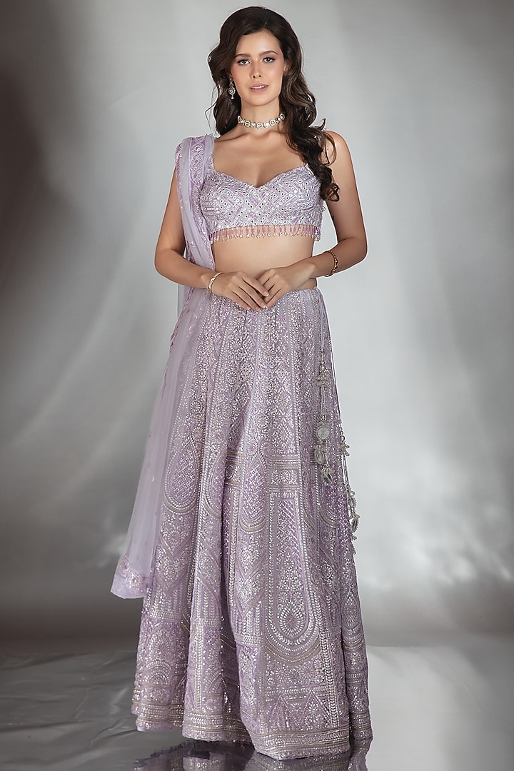 Lilac Tulle Mirror & Crystal Embroidered Bridal Lehenga Set by Saaj By Ankita at Pernia's Pop Up Shop