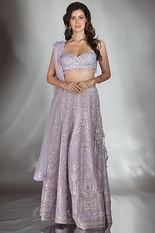 Lilac Tulle Mirror & Crystal Embroidered Lehenga Set by Saaj By Ankita