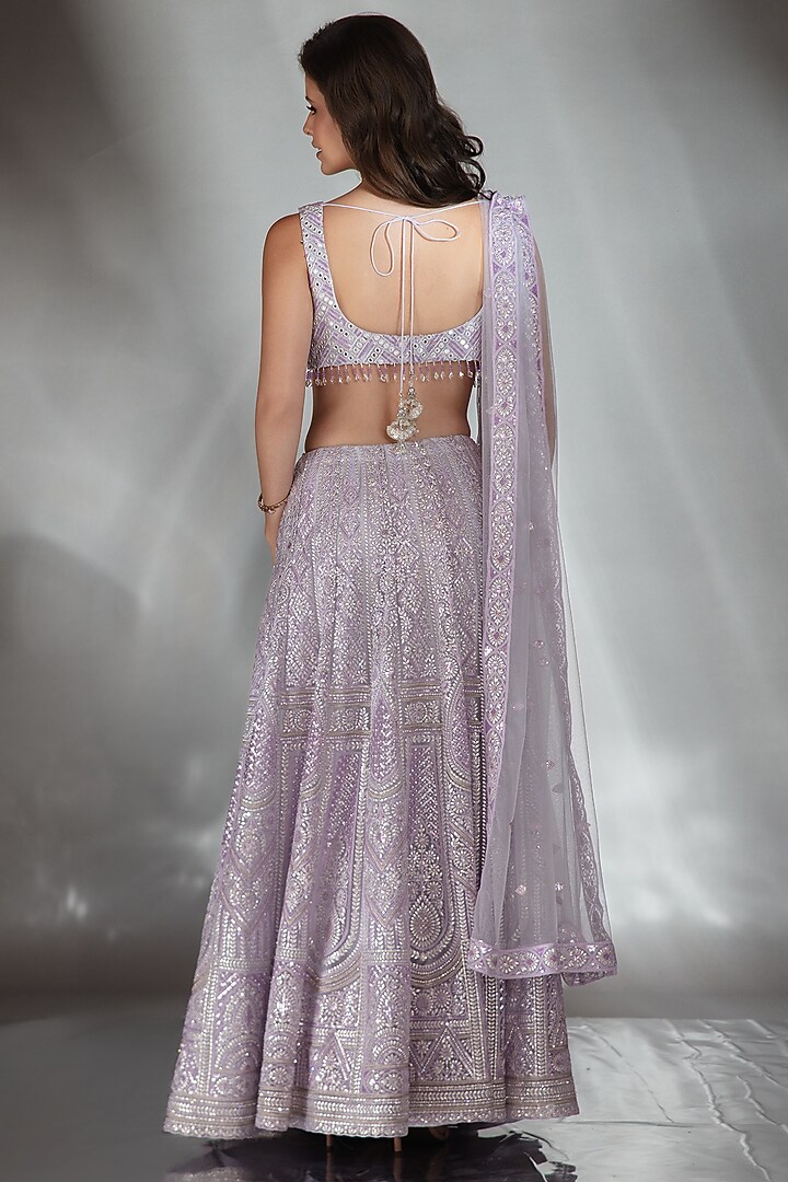 Lilac Tulle Mirror & Crystal Embroidered Bridal Lehenga Set by Saaj By Ankita at Pernia's Pop Up Shop