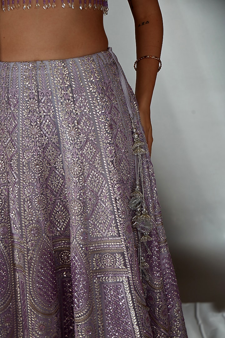 Lilac Tulle Mirror & Crystal Embroidered Bridal Lehenga Set by Saaj By Ankita at Pernia's Pop Up Shop