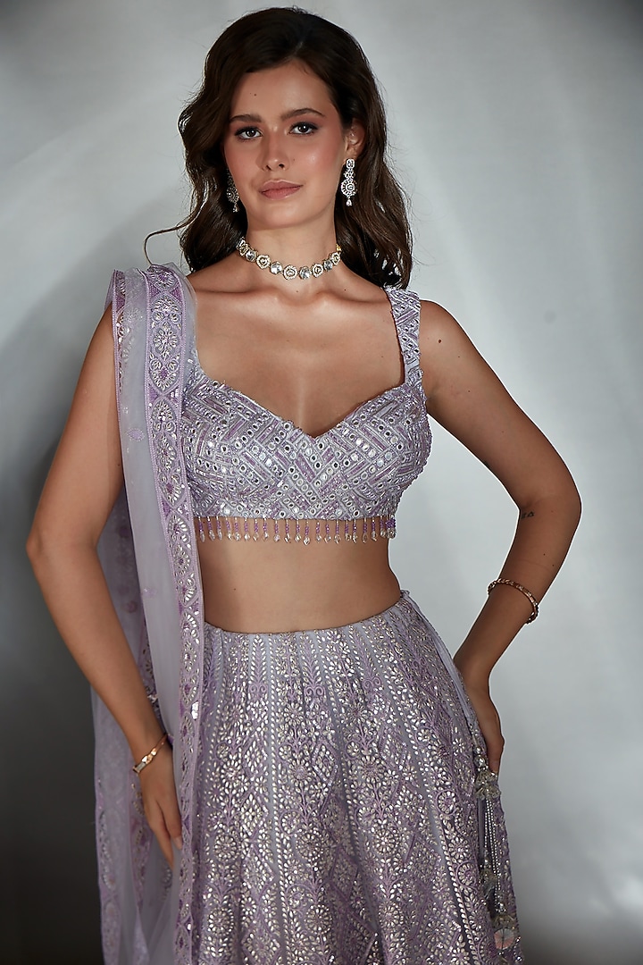 Lilac Tulle Mirror & Crystal Embroidered Bridal Lehenga Set by Saaj By Ankita at Pernia's Pop Up Shop