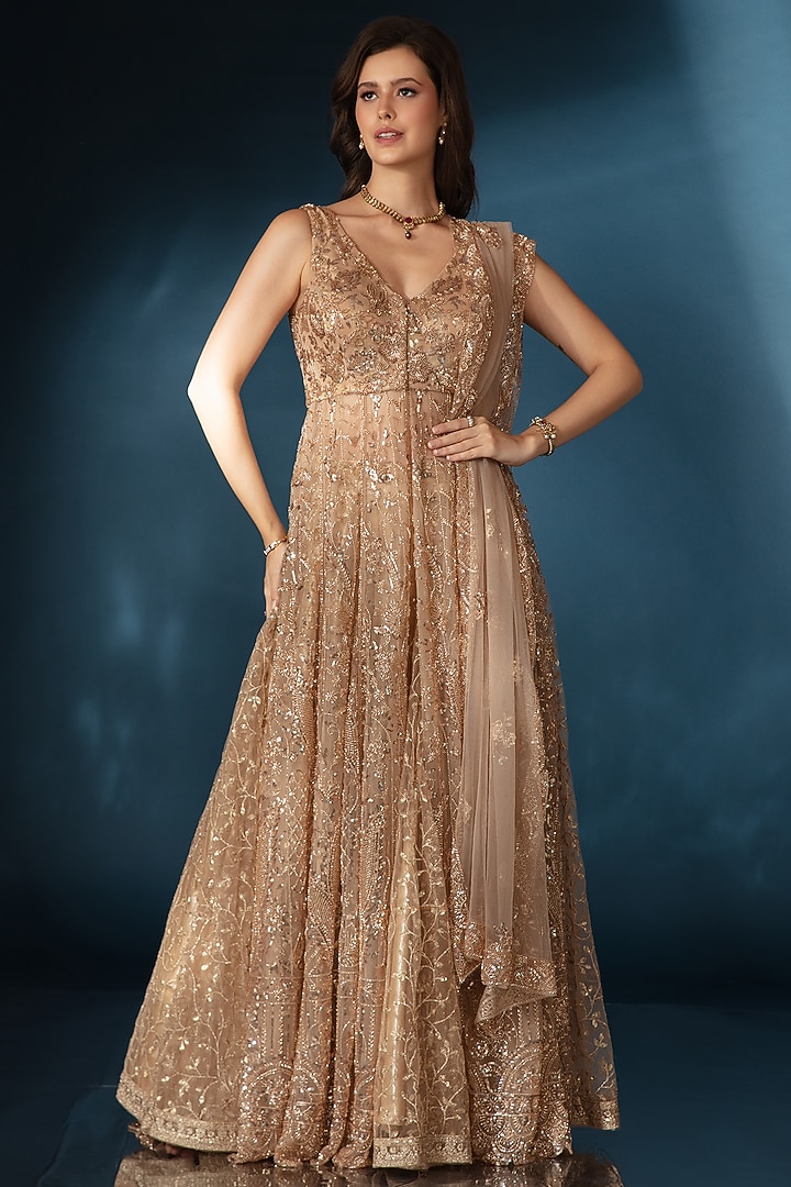Bronze Tulle Cutdana & Zari Embroidered Jacket Wedding Lehenga Set by Saaj By Ankita at Pernia's Pop Up Shop