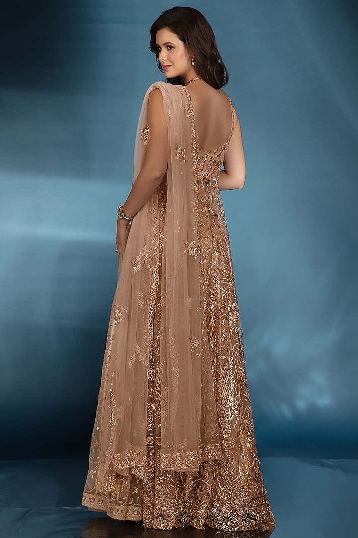 Bronze Tulle Cutdana & Zari Embroidered Jacket Wedding Lehenga Set by Saaj By Ankita at Pernia's Pop Up Shop