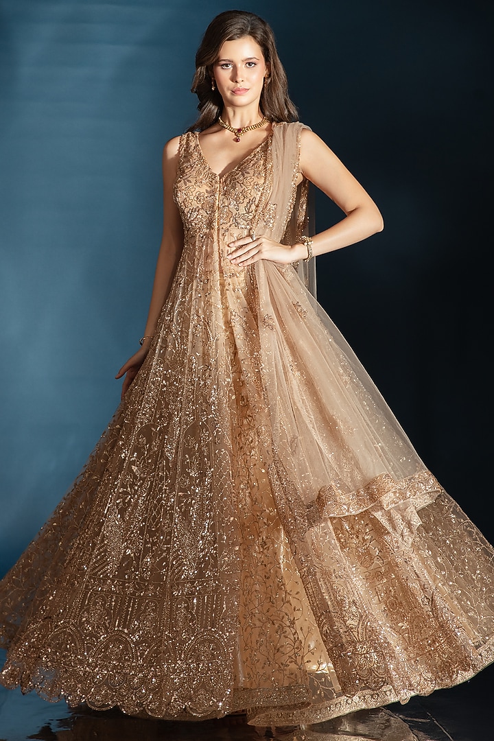 Bronze Tulle Cutdana & Zari Embroidered Jacket Wedding Lehenga Set by Saaj By Ankita at Pernia's Pop Up Shop