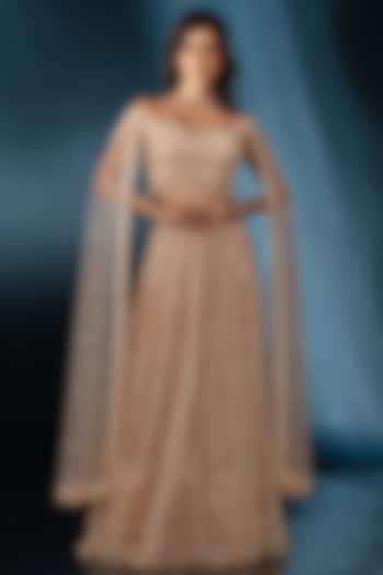 Nude Tulle Sequin Embroidered Wedding Lehenga Set by Saaj By Ankita at Pernia's Pop Up Shop