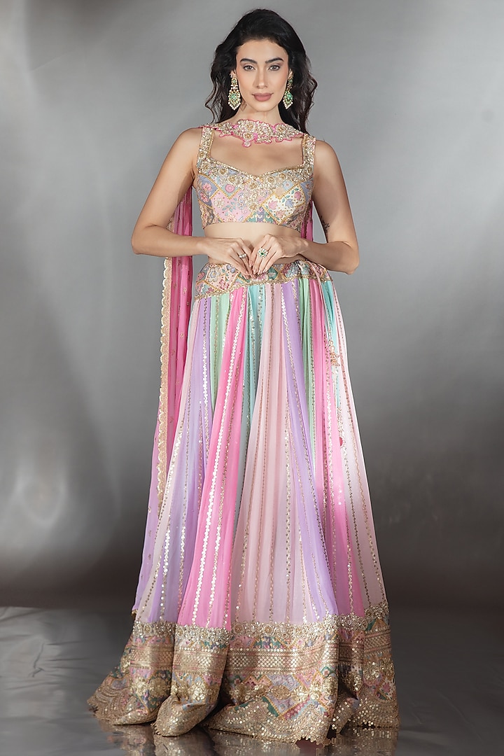 Multi-Colored Georgette Sequin Embroidered Wedding Lehenga Set by Saaj By Ankita at Pernia's Pop Up Shop