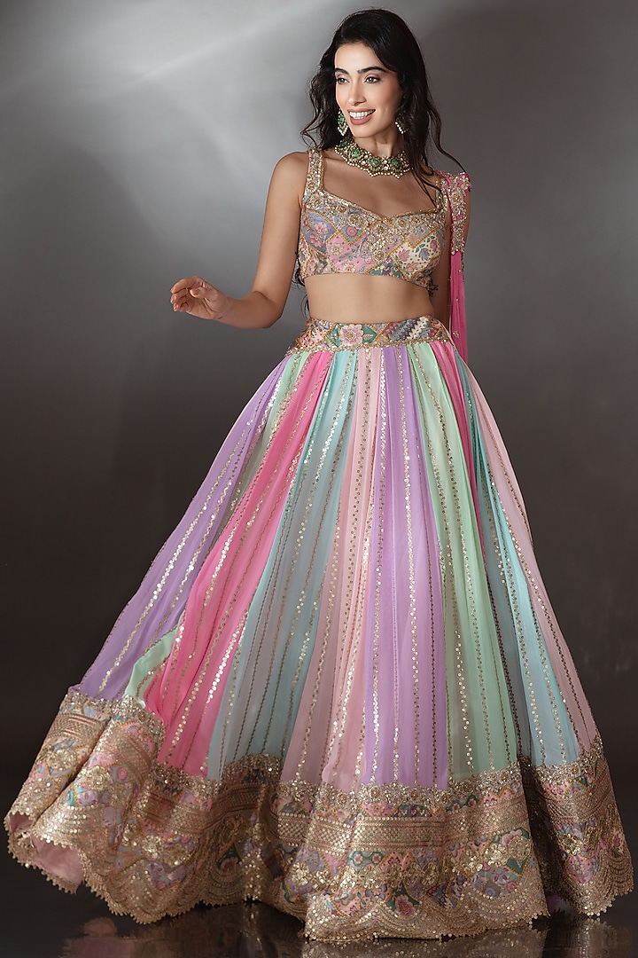 Multi-Colored Georgette Sequin Embroidered Wedding Lehenga Set by Saaj By Ankita at Pernia's Pop Up Shop