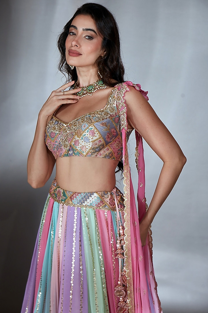Multi-Colored Georgette Sequin Embroidered Wedding Lehenga Set by Saaj By Ankita at Pernia's Pop Up Shop