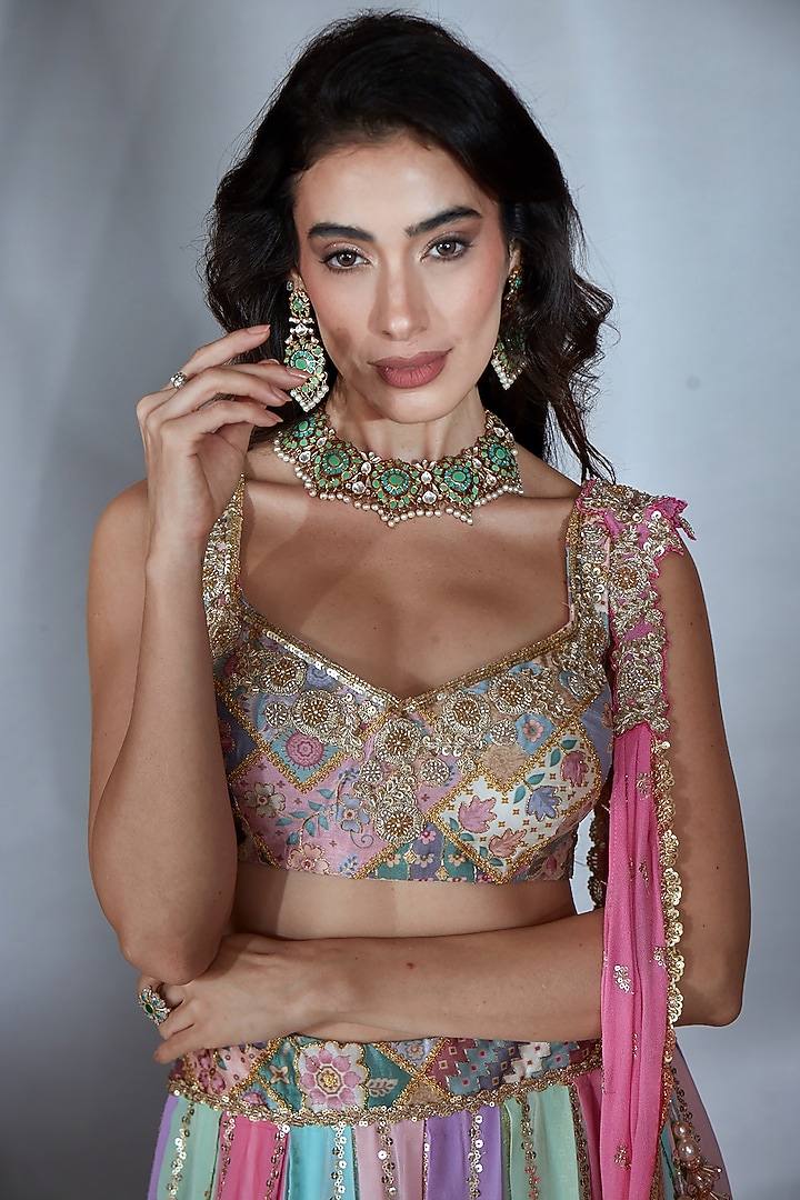 Multi-Colored Georgette Sequin Embroidered Wedding Lehenga Set by Saaj By Ankita at Pernia's Pop Up Shop