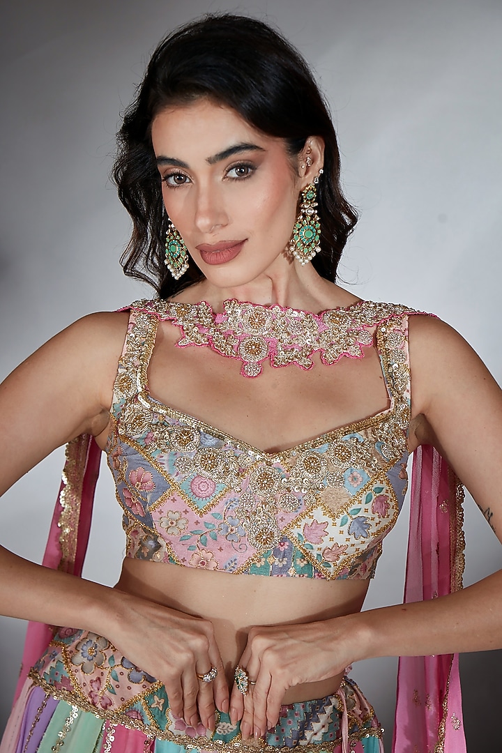 Multi-Colored Georgette Sequin Embroidered Wedding Lehenga Set by Saaj By Ankita at Pernia's Pop Up Shop