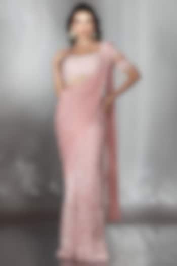 Blush Pink Georgette Cutdana Embroidered Reception Saree Set by Saaj By Ankita at Pernia's Pop Up Shop