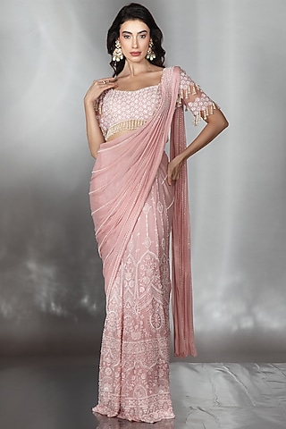 Blush Pink Georgette Cutdana Embroidered Saree Set by Saaj By Ankita