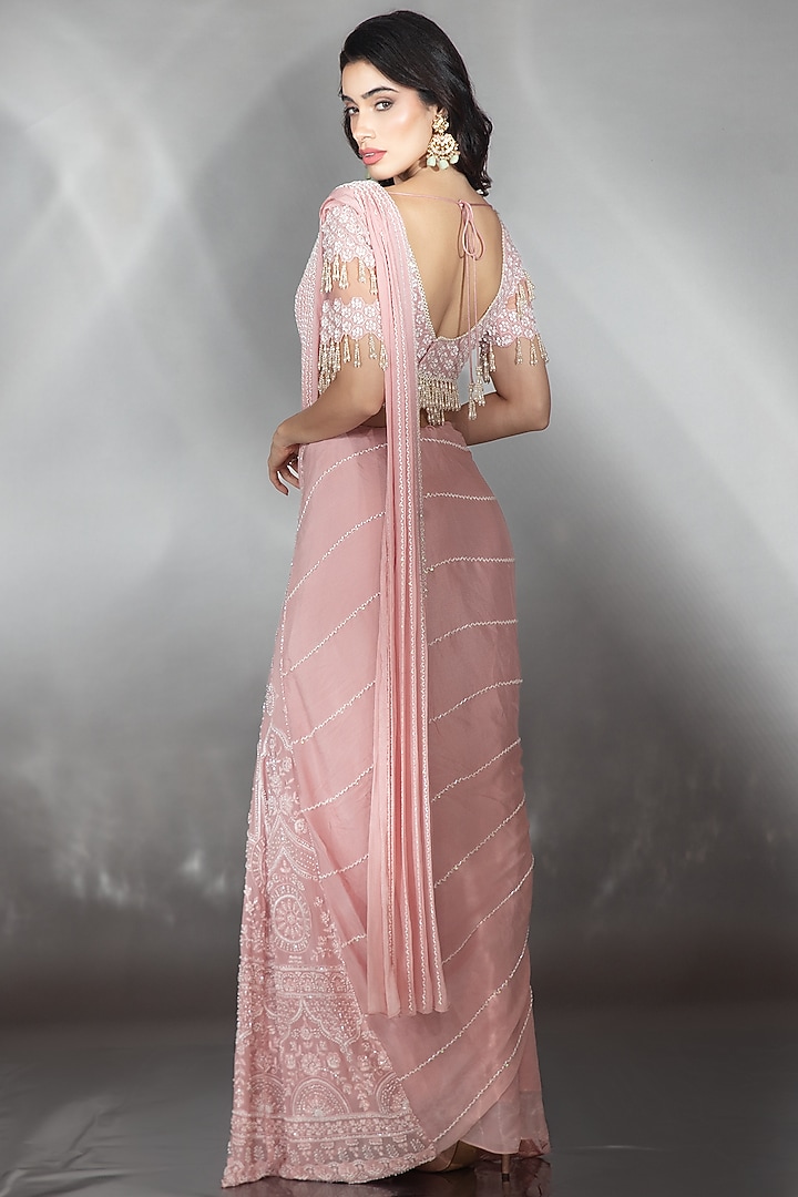 Blush Pink Georgette Cutdana Embroidered Reception Saree Set by Saaj By Ankita at Pernia's Pop Up Shop
