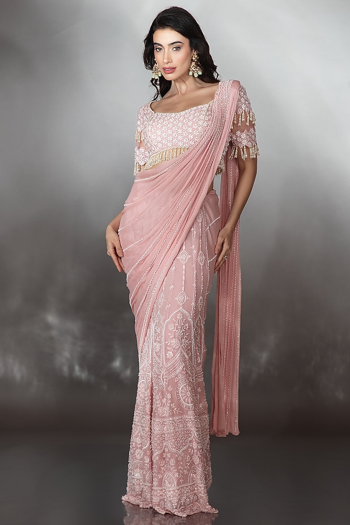 Blush Pink Georgette Cutdana Embroidered Reception Saree Set by Saaj By Ankita at Pernia's Pop Up Shop