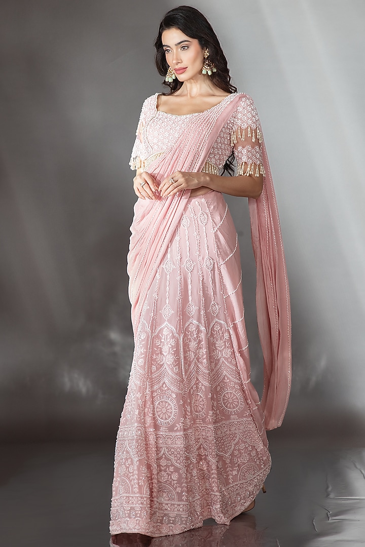 Blush Pink Georgette Cutdana Embroidered Reception Saree Set by Saaj By Ankita at Pernia's Pop Up Shop