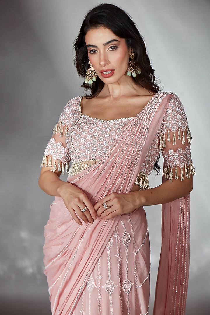 Blush Pink Georgette Cutdana Embroidered Reception Saree Set by Saaj By Ankita at Pernia's Pop Up Shop