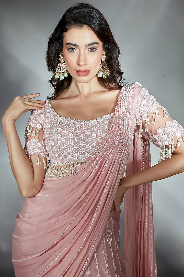 Blush Pink Georgette Cutdana Embroidered Reception Saree Set by Saaj By Ankita at Pernia's Pop Up Shop