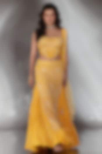 Mustard Georgette Pearl & Crystal Embroidered Wedding Lehenga Set by Saaj By Ankita at Pernia's Pop Up Shop