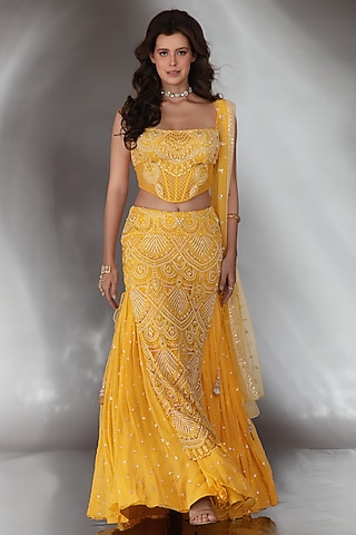 Mustard Georgette Pearl & Crystal Embroidered Lehenga Set by Saaj By Ankita