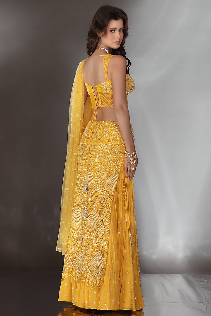 Mustard Georgette Pearl & Crystal Embroidered Wedding Lehenga Set by Saaj By Ankita at Pernia's Pop Up Shop