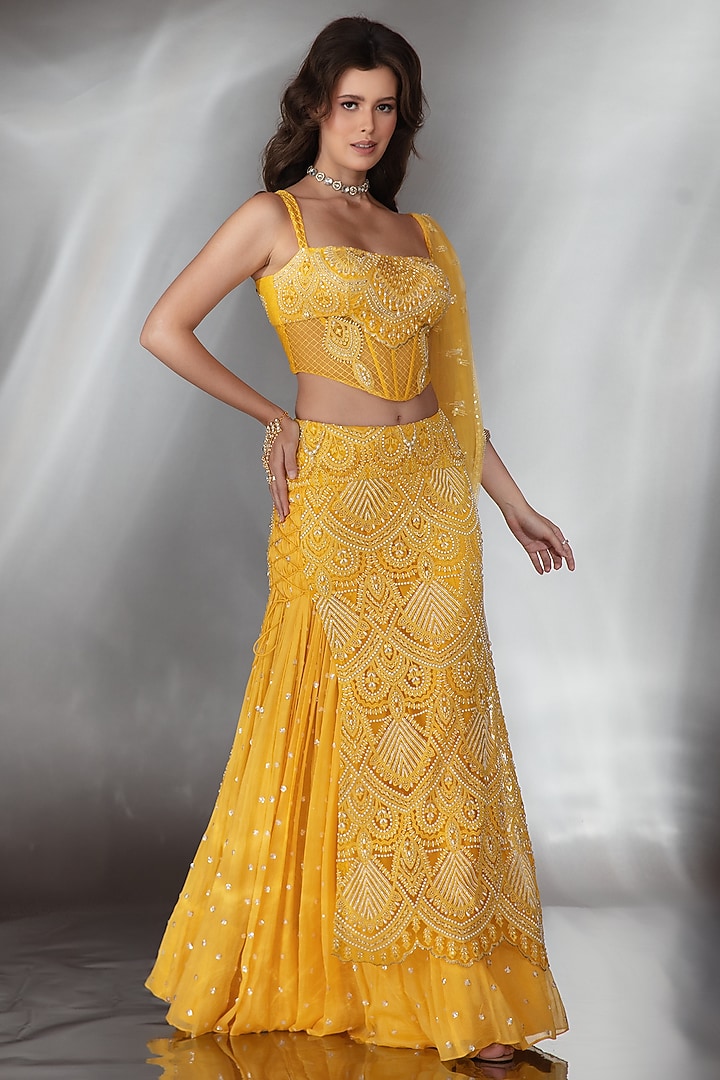 Mustard Georgette Pearl & Crystal Embroidered Wedding Lehenga Set by Saaj By Ankita at Pernia's Pop Up Shop