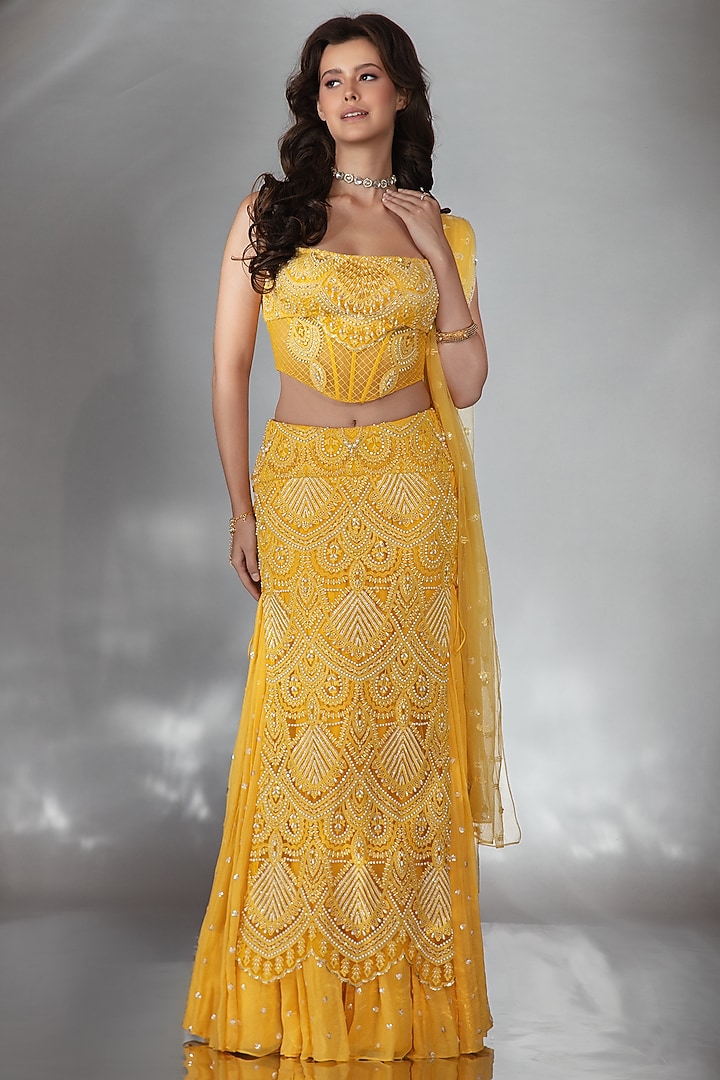 Mustard Georgette Pearl & Crystal Embroidered Wedding Lehenga Set by Saaj By Ankita at Pernia's Pop Up Shop