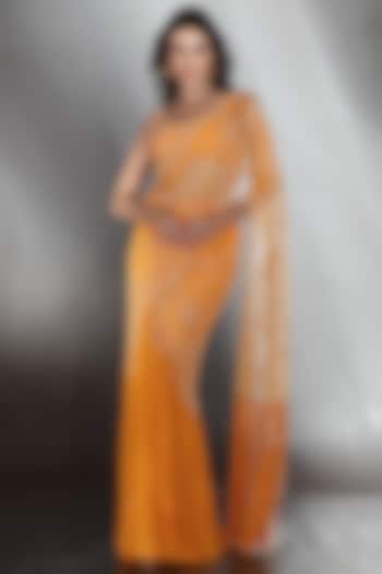 Mustard Tulle Sequin Embroidered Reception Saree Set by Saaj By Ankita at Pernia's Pop Up Shop
