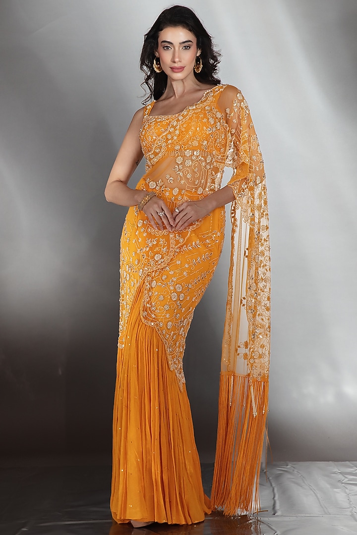 Mustard Tulle Sequin Embroidered Reception Saree Set by Saaj By Ankita at Pernia's Pop Up Shop