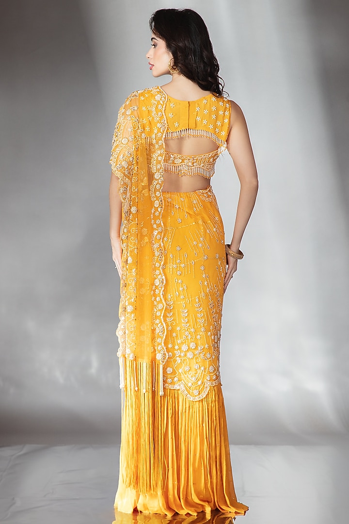 Mustard Tulle Sequin Embroidered Reception Saree Set by Saaj By Ankita at Pernia's Pop Up Shop