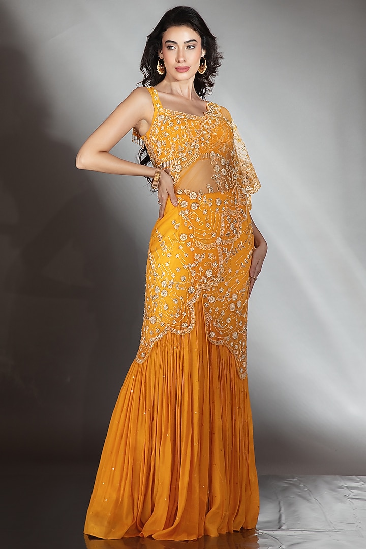 Mustard Tulle Sequin Embroidered Reception Saree Set by Saaj By Ankita at Pernia's Pop Up Shop
