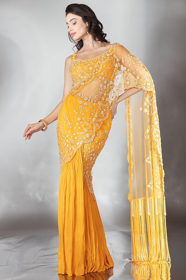 Mustard Tulle Sequin Embroidered Reception Saree Set by Saaj By Ankita at Pernia's Pop Up Shop