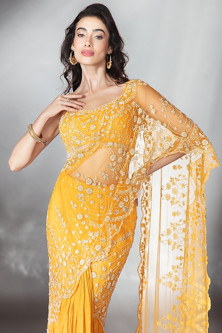 Mustard Tulle Sequin Embroidered Reception Saree Set by Saaj By Ankita at Pernia's Pop Up Shop