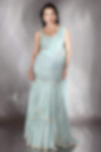 Soft Powder Blue Georgette Crystal Embroidered Wedding Lehenga Saree Set by Saaj By Ankita at Pernia's Pop Up Shop