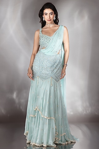 Soft Powder Blue Georgette Crystal Embroidered Lehenga Saree Set by Saaj By Ankita