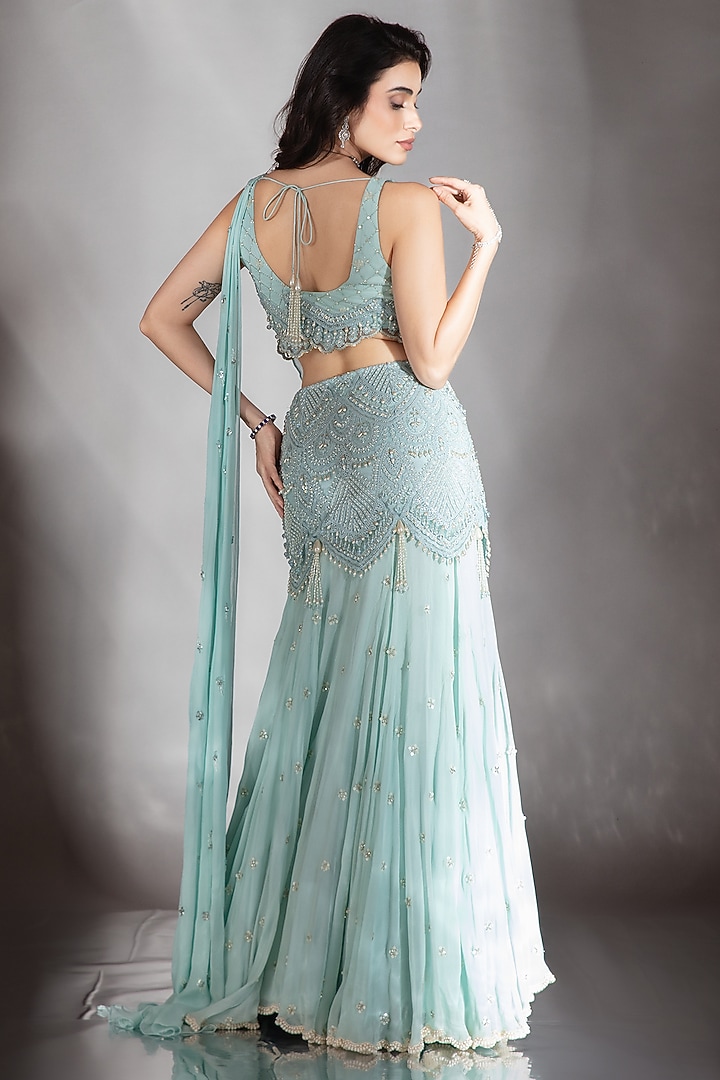 Soft Powder Blue Georgette Crystal Embroidered Wedding Lehenga Saree Set by Saaj By Ankita at Pernia's Pop Up Shop