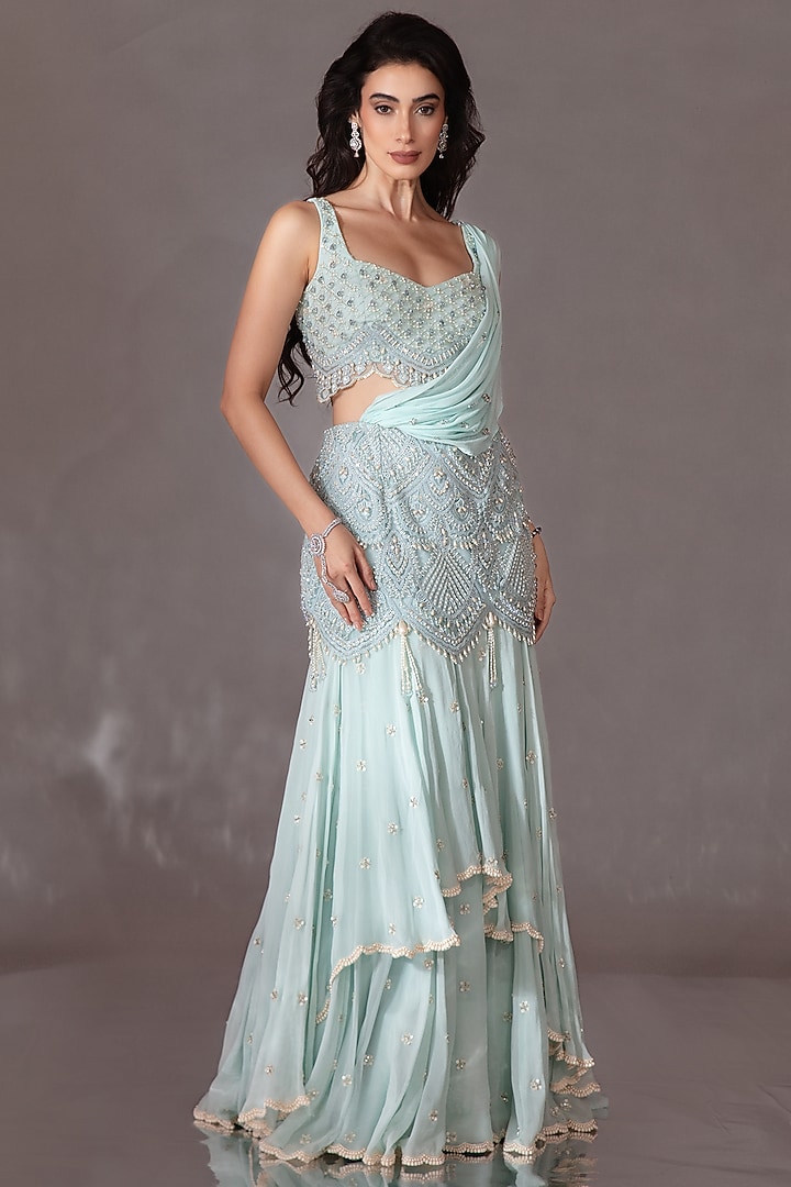 Soft Powder Blue Georgette Crystal Embroidered Wedding Lehenga Saree Set by Saaj By Ankita at Pernia's Pop Up Shop