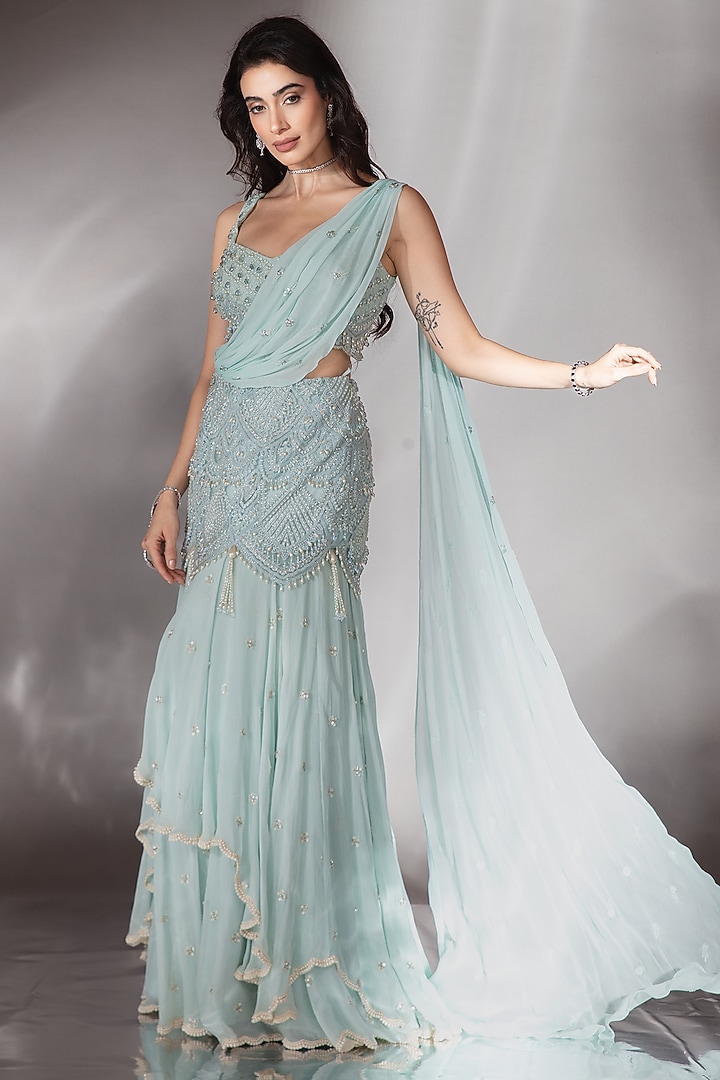 Soft Powder Blue Georgette Crystal Embroidered Wedding Lehenga Saree Set by Saaj By Ankita at Pernia's Pop Up Shop