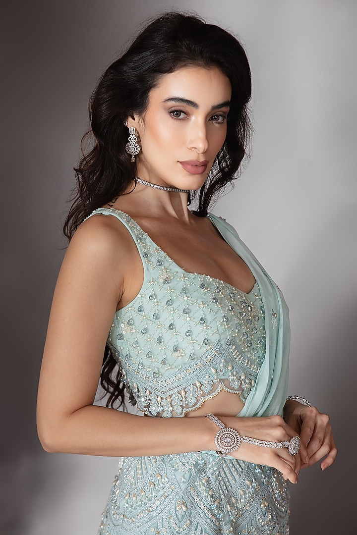 Soft Powder Blue Georgette Crystal Embroidered Wedding Lehenga Saree Set by Saaj By Ankita at Pernia's Pop Up Shop