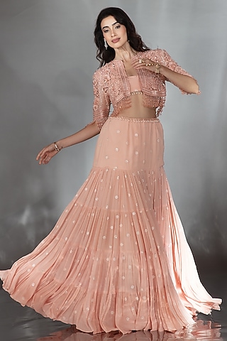 Nude Chiffon Crystal Embroidered Jacket Lehenga Set by Saaj By Ankita