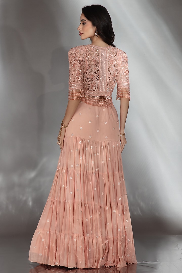 Nude Chiffon Crystal Embroidered Jacket Wedding Lehenga Set by Saaj By Ankita at Pernia's Pop Up Shop