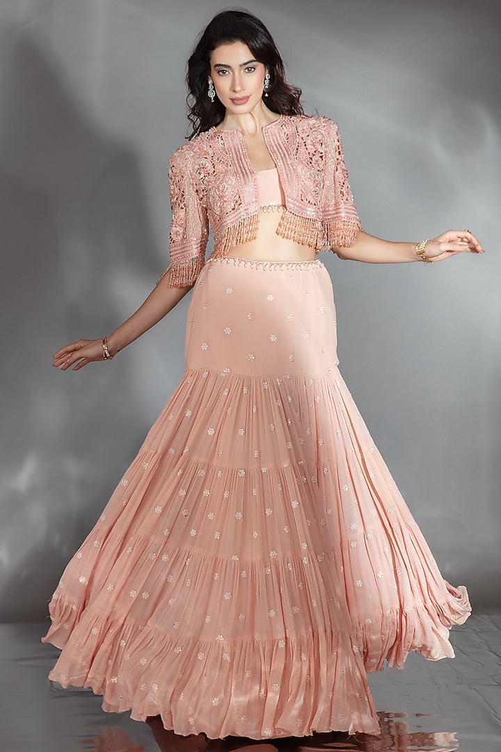 Nude Chiffon Crystal Embroidered Jacket Wedding Lehenga Set by Saaj By Ankita at Pernia's Pop Up Shop