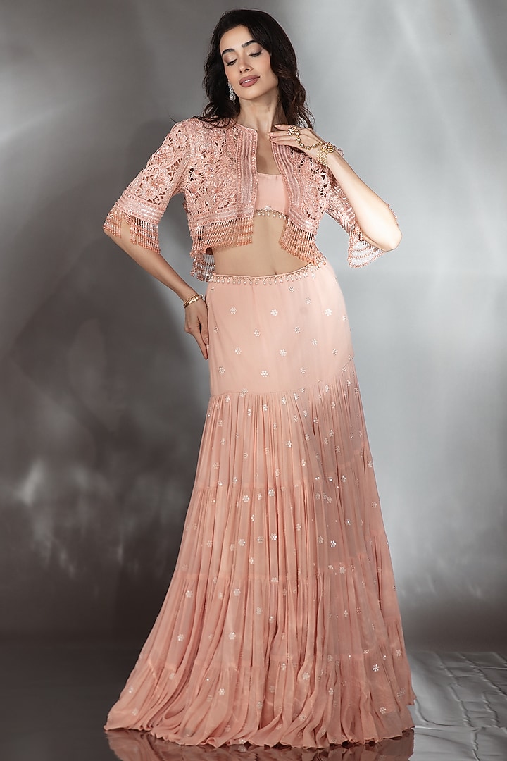 Nude Chiffon Crystal Embroidered Jacket Wedding Lehenga Set by Saaj By Ankita at Pernia's Pop Up Shop