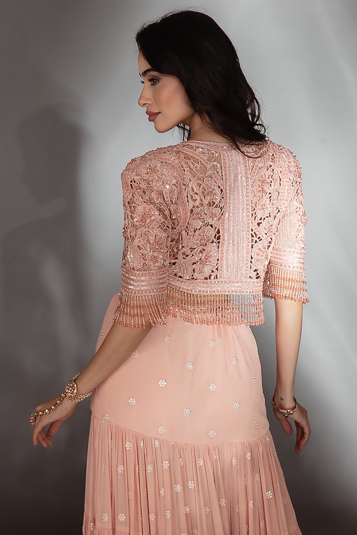 Nude Chiffon Crystal Embroidered Jacket Wedding Lehenga Set by Saaj By Ankita at Pernia's Pop Up Shop