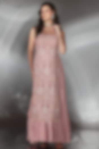 Blush Pink Georgette Pearl Embroidered Layered Wedding Anarkali Set by Saaj By Ankita at Pernia's Pop Up Shop