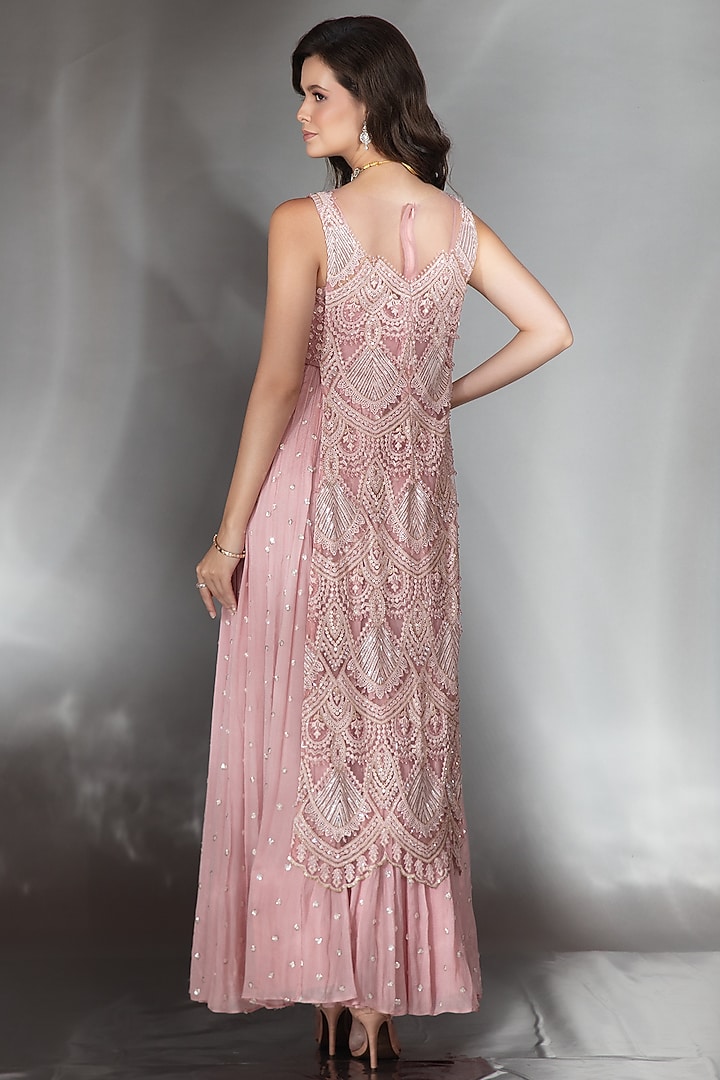 Blush Pink Georgette Pearl Embroidered Layered Wedding Anarkali Set by Saaj By Ankita at Pernia's Pop Up Shop