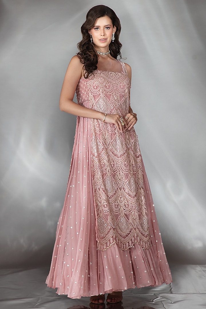 Blush Pink Georgette Pearl Embroidered Layered Wedding Anarkali Set by Saaj By Ankita at Pernia's Pop Up Shop
