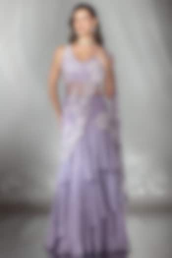 Lilac Silk Sequin Embroidered Wedding Lehenga Saree Set by Saaj By Ankita at Pernia's Pop Up Shop