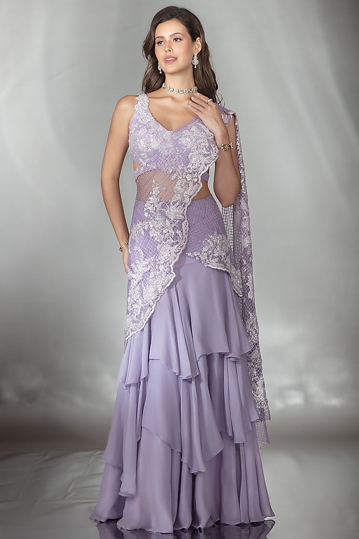 Lilac Silk Sequin Embroidered Wedding Lehenga Saree Set by Saaj By Ankita at Pernia's Pop Up Shop