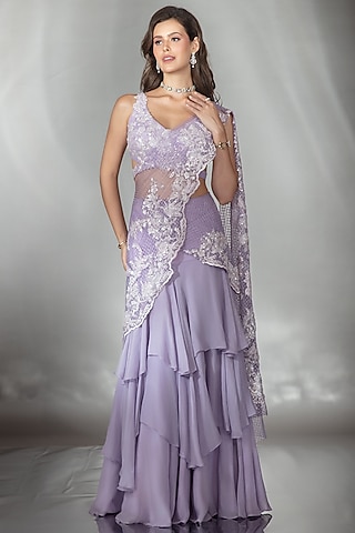 Lilac Silk Sequin Embroidered Lehenga Saree Set by Saaj By Ankita