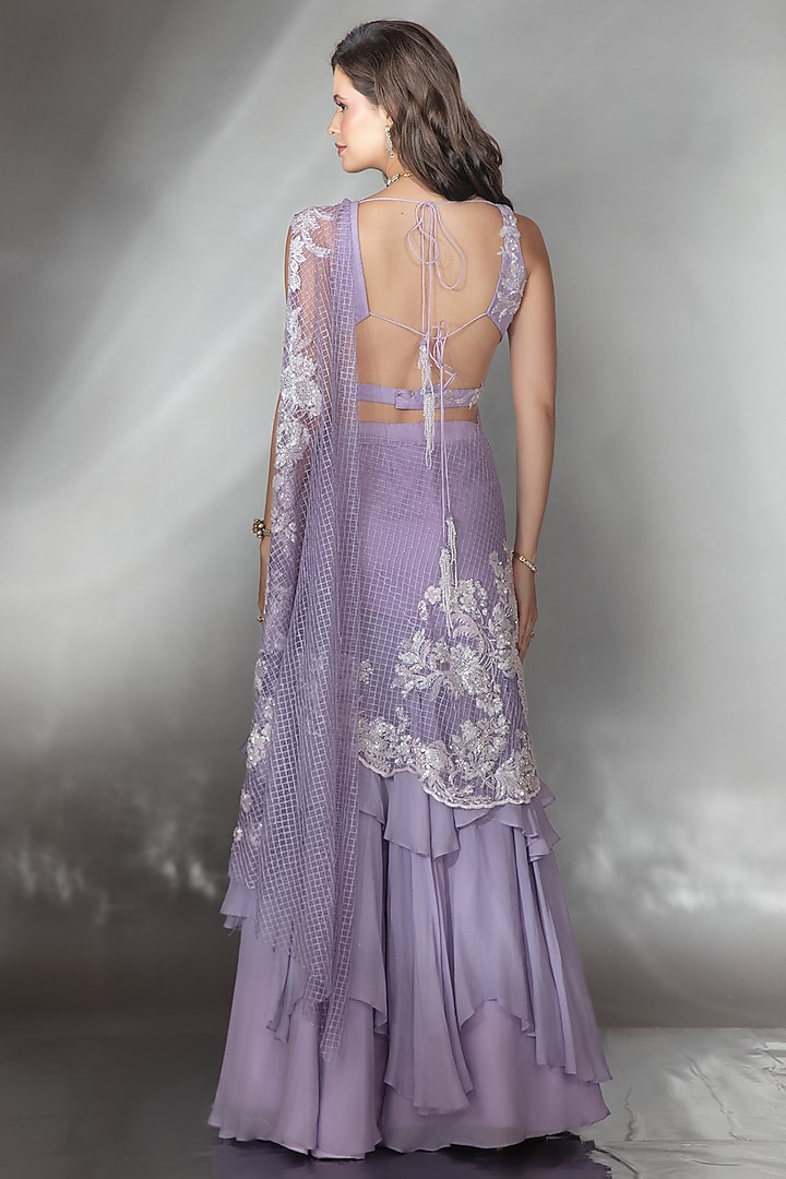 Lilac Silk Sequin Embroidered Wedding Lehenga Saree Set by Saaj By Ankita at Pernia's Pop Up Shop